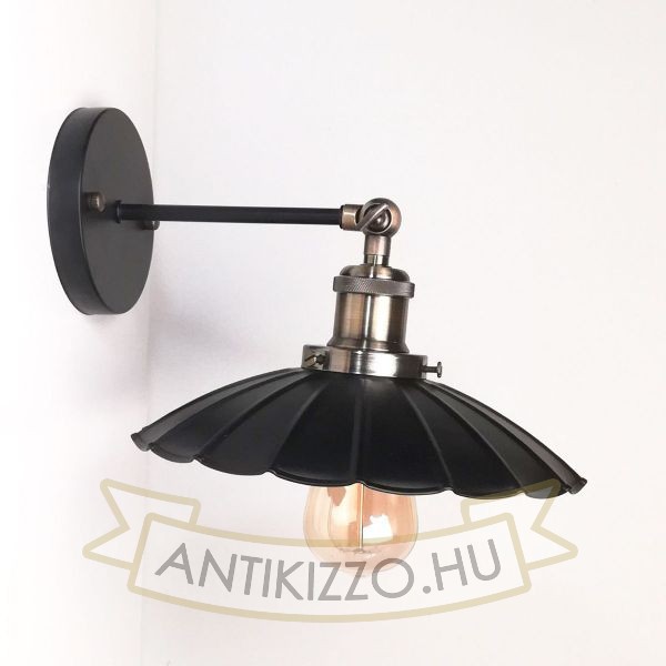 Antik fali lámpa matt fekete antik bronz szín hullámos búrával