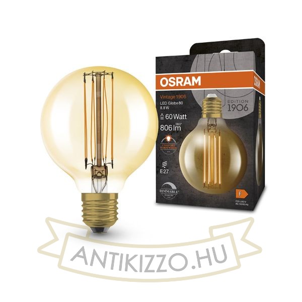 OSRAM Globe 80 DIMM borostyán 230V E27 LED EQ60 2200K
