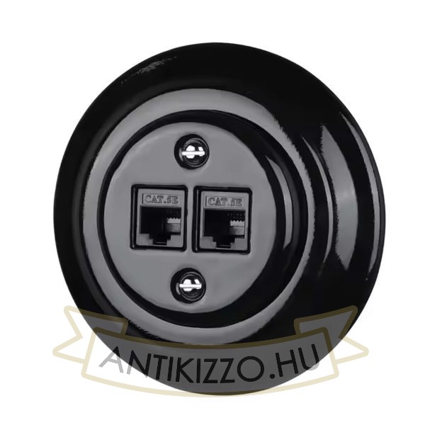 Dupla RJ45 aljzat – fekete porcelán kerettel (2×RJ45, CAT5e/CAT6)