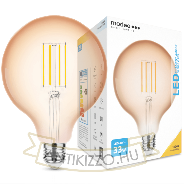 Modee LED Filament Amber Globe G125 4W E27 320° 1800K (360 lumen)