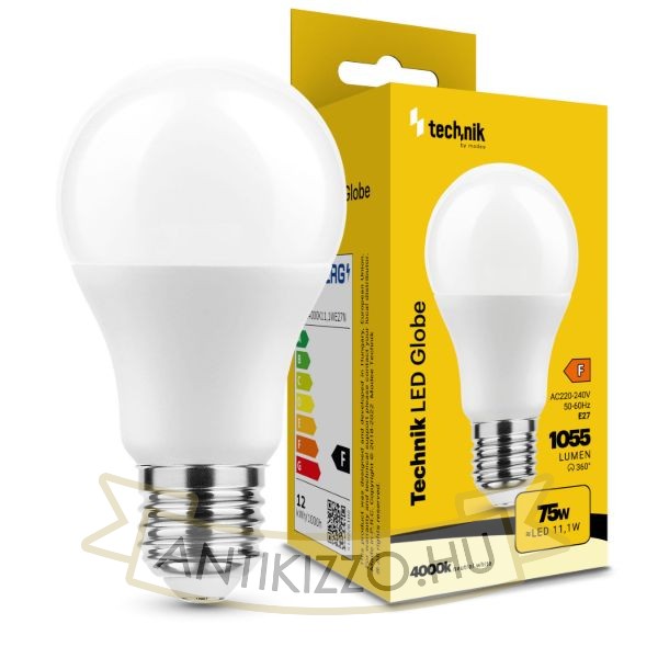 Technik LED Izzó Globe A60 11,1W E27 360° 4000K (1055 lumen) ERP