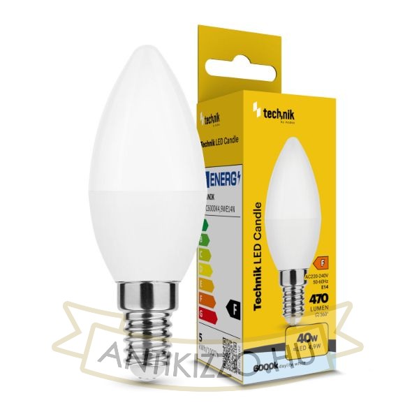Technik LED Izzó Gyertya (Candle) C37 4,9W E14 200° 6000K (470 lumen) ERP