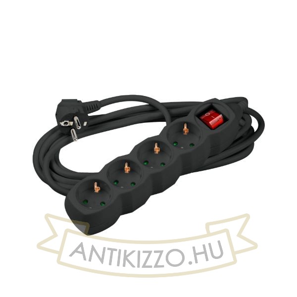 Technik Elosztó 4 utas 1,5m kábellel 1,5mm2 rézkábel + kapcsoló (fekete) 16A