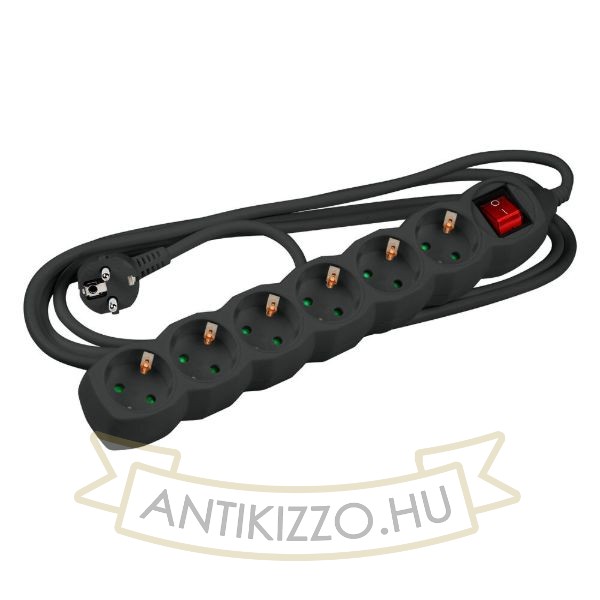 Technik Elosztó 6 utas 5m kábellel 1,5mm2 rézkábel + kapcsoló (fekete) 16A