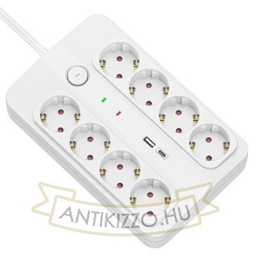 Technik Professional Elosztó 8 utas 1,5m 1,5mm2 +USB-A-C +surge +kapcsoló 16A