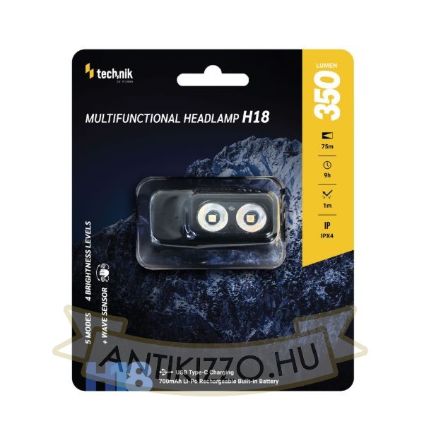 Technik Fejlámpa H18 (akkumulátoros) LED + Type-C IPX4 (350lumen)
