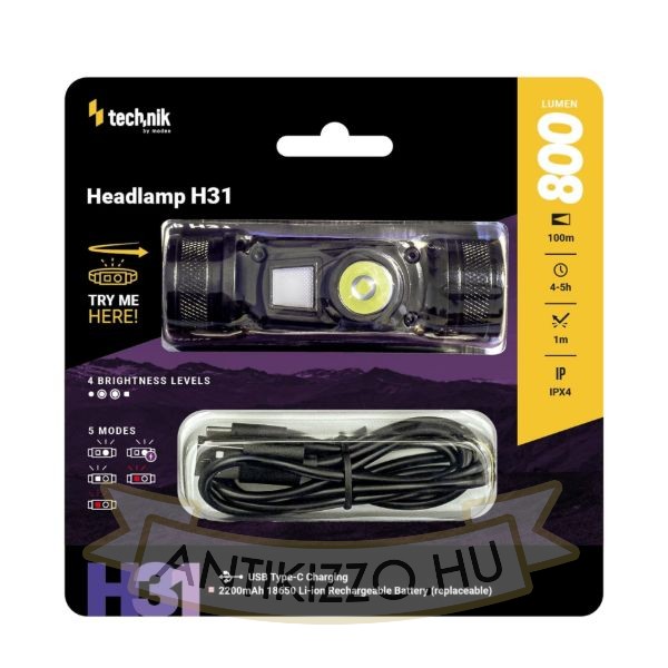 Technik Fejlámpa H31 (+1x18650) OSRAM P9 + red light + USB-C (800 lumen)