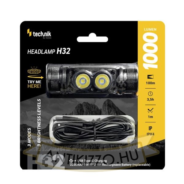 Technik Fejlámpa H32 (+1x18650) OSRAM P9 + USB-C (1000 lumen)